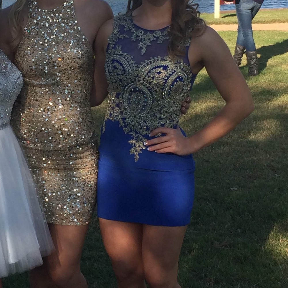 Blue and gold Jovani homecoming dress